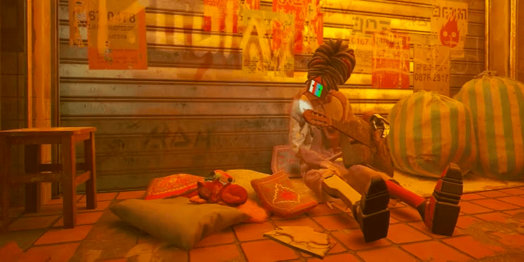 Screenshot from the game. A Companion robot sits on the street holding a guitar. He is looking at a bunch of pillows next to him, where the cat is napping. 