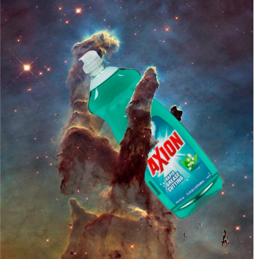 This image shows an edited version of the Pillars of Creation image taken by the Hubble Space Telescope. The background is bluish-purple with a few bright orange/pink stars, and the foreground shows brownish-red gas, vaguely in the form of a hand giving the sign of the horns (with the "thumb" being closest). I edited a bottle of blue Axion dish soap onto the image, so that it looks like the "hand" of gas is holding it with the "thumb" in front (towards the viewer) and the other two "fingers" partially obscured by the soap.